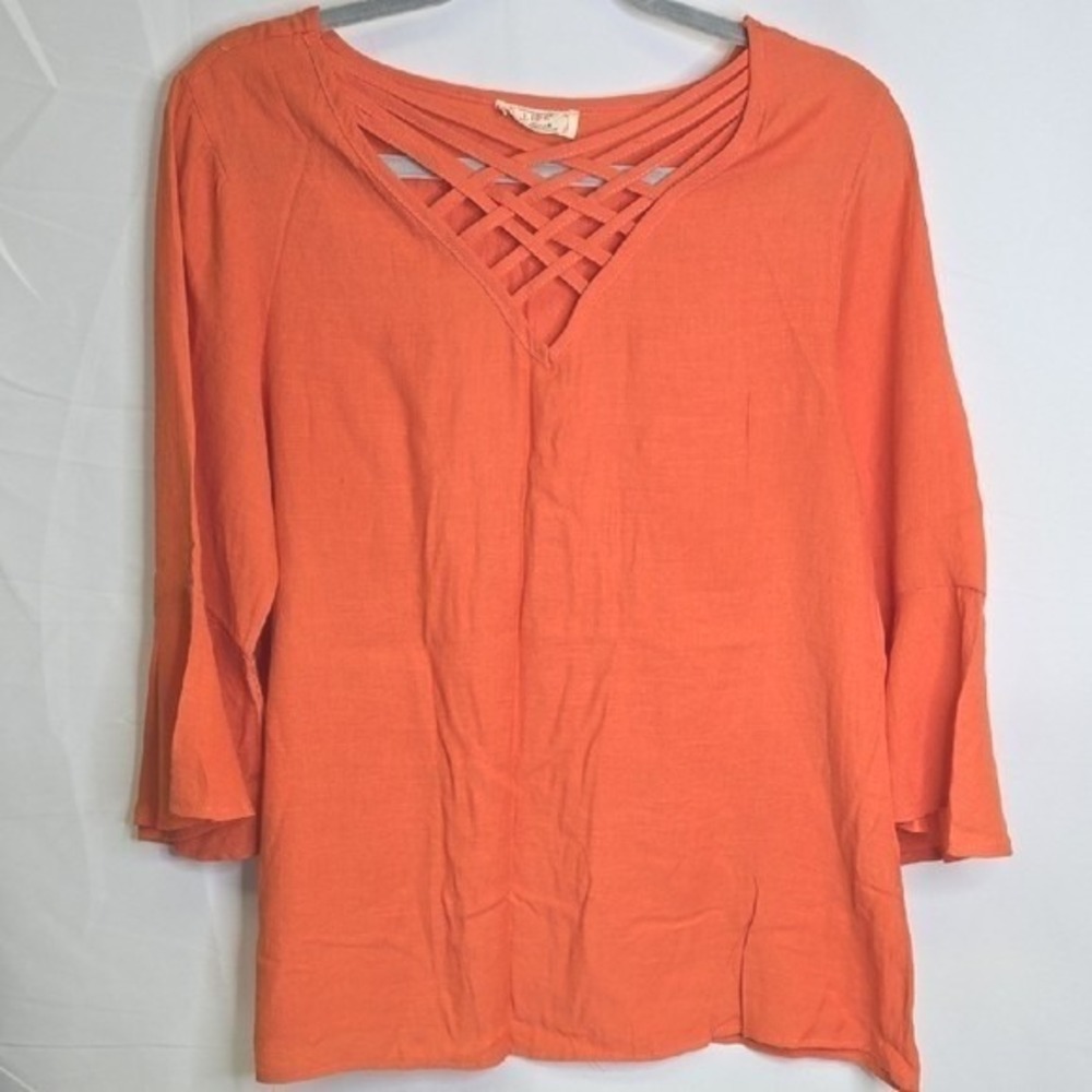 Lida Collection V-neck Tunic, Bell Sleeves, Coastal Boho, Orange, Small Medium